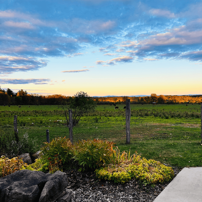 Golden hour patio view at Galway Rock Winery event space near Saratoga Springs