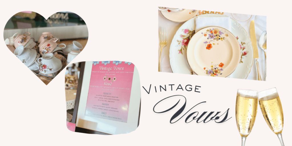 Vintage Vows bridal shower theme with vintage decor and wine pairings near Saratoga NY