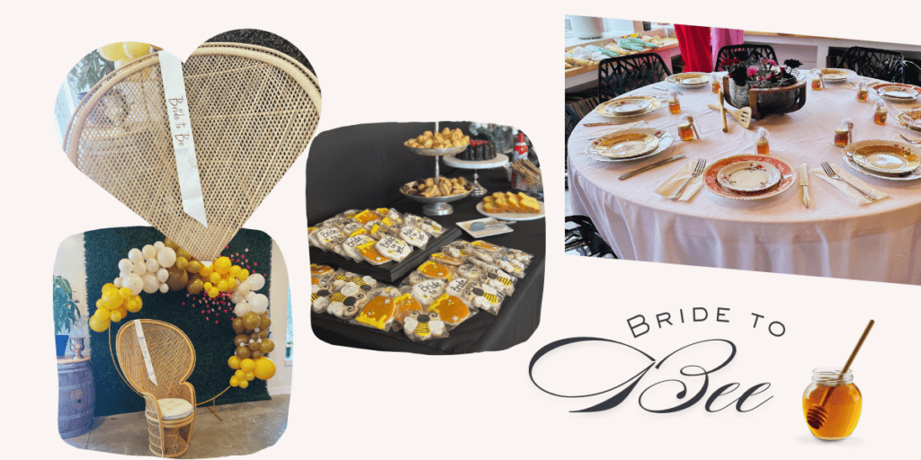 Bride to Bee bridal shower theme with honey favors and gold decor near Saratoga