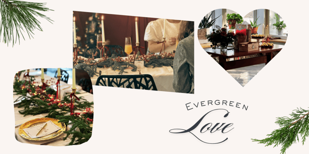 Evergreen Love winter bridal shower theme with greenery and candles near Saratoga