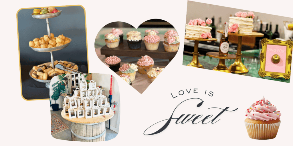 Love Is Sweet bridal shower theme with dessert table at Saratoga venue