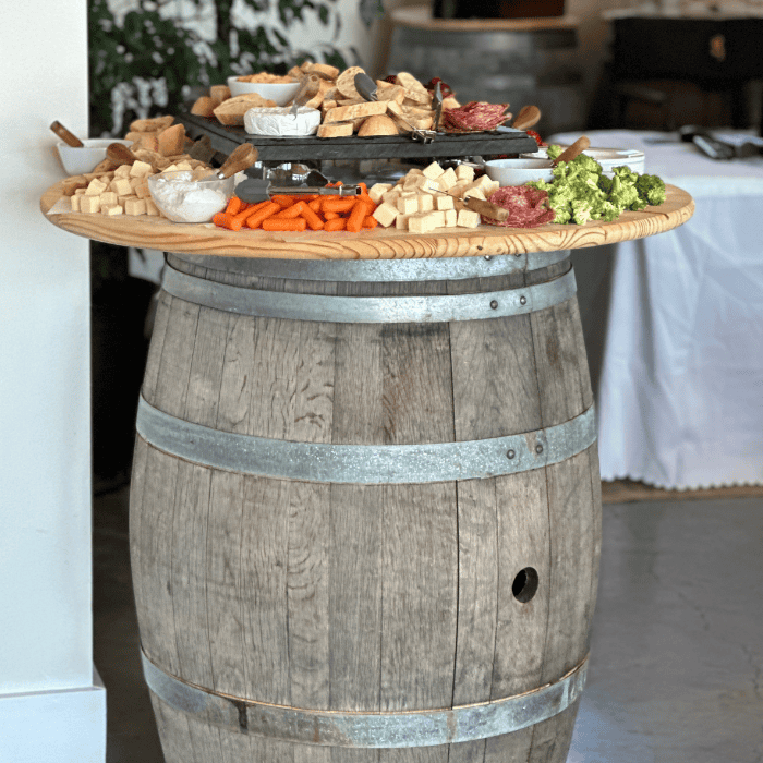 Signature Charcuteire barrel tower at Galway Rock Winery near Saratoga Springs